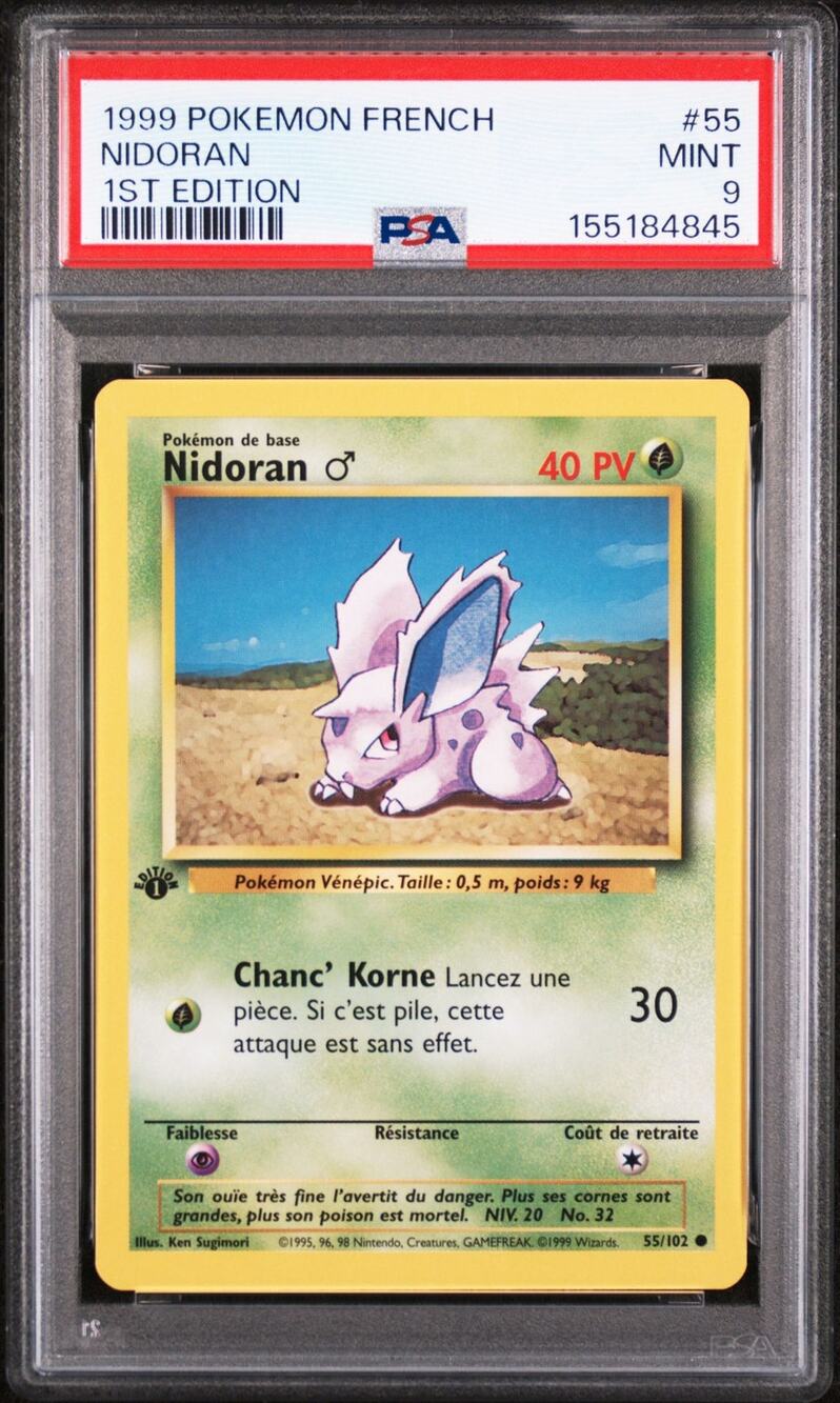 PSA 9 MINT Nidoran 1st Edition 55/102 Pokémon 1999 French Base Set Graded Card